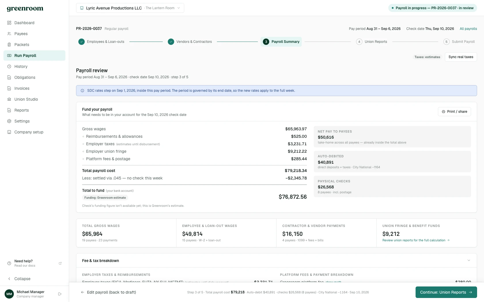 Greenroom payroll review showing the full cost breakdown before a single dollar is approved.
