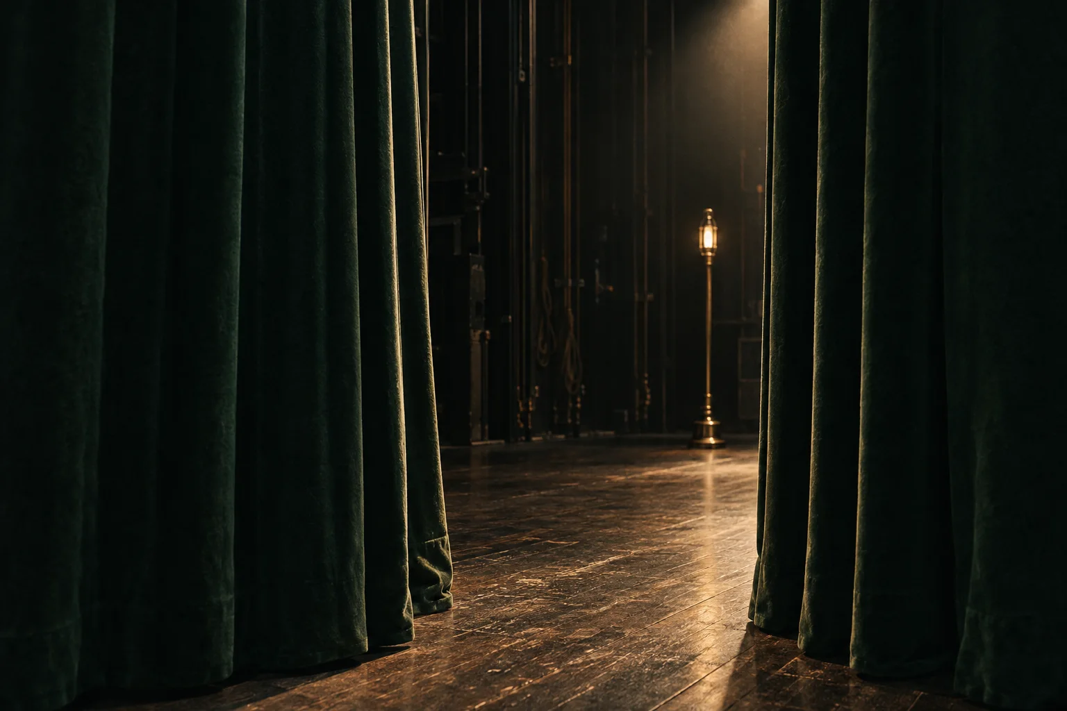 Forest-green velvet curtains frame a warm ghost light on an empty theatre stage.